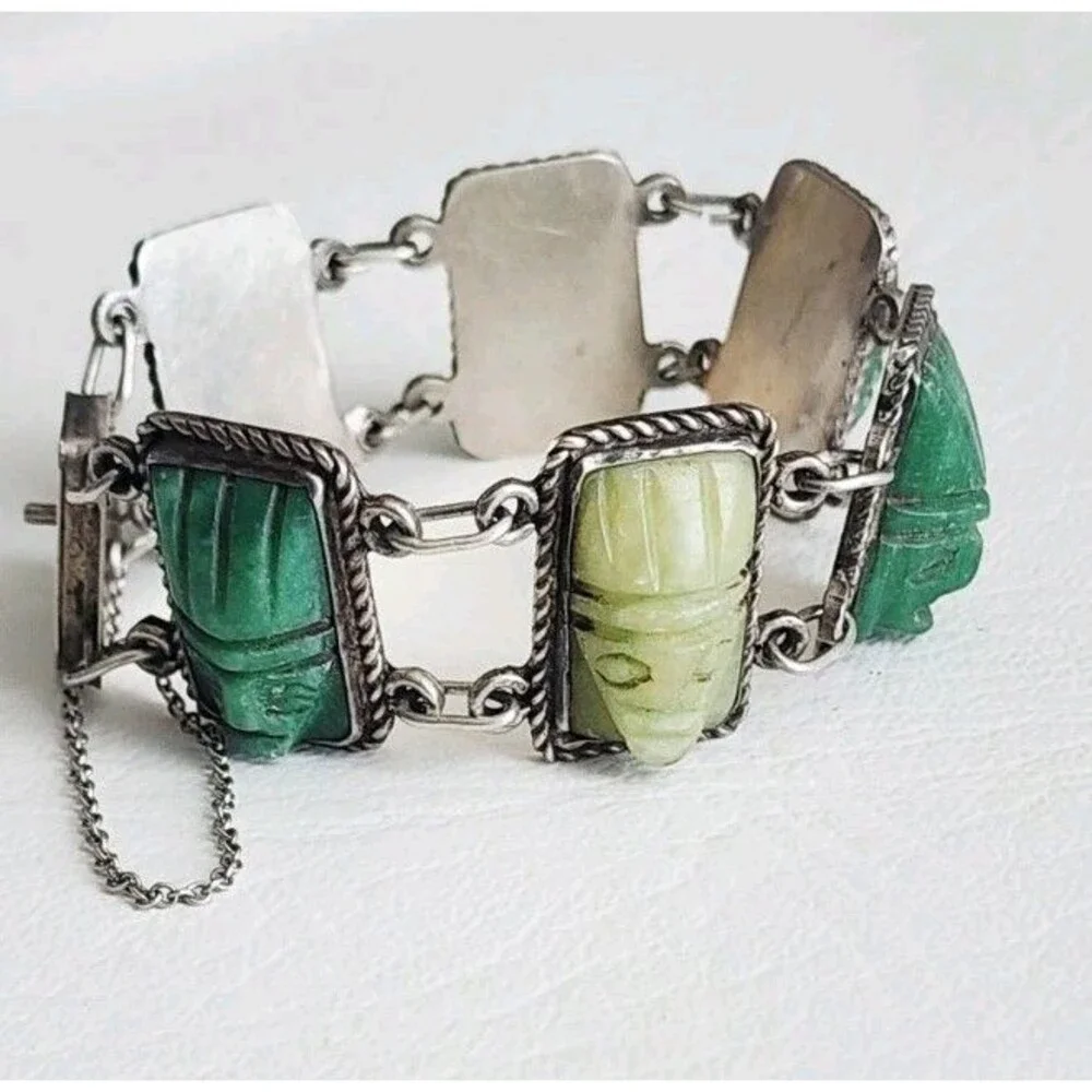 Vintage Mexico Sterling Silver Carved Green Jade Mayan Mask Link Bracelet 7" 44g - Picture 5 of 8